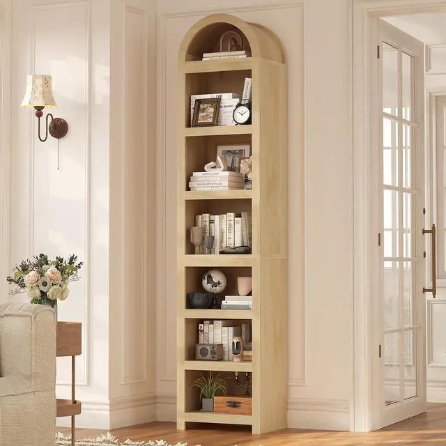 Main image of 76" Tall Narrow Arched Bookcase,7-Teir Mid-Century Modern Bookshelf,Adjustable Shelves offering More Storage Space for Living Room,Kitchen,Home Office,Oak