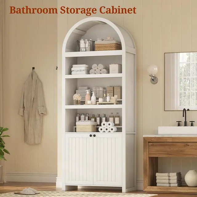 Alt view image 7 of 7 - 81" Tall Arched Cabinets,Bookcase with storage,Mid-Century Modern 6-Tier Bookshelf with Door,2 Book Risers and Adjustable Shelves give more storage space for Living Room,Home Office Antique White