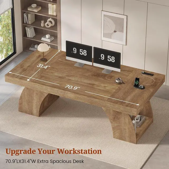 Alt view image 5 of 7 - 70.9 Inch Executive Desk, Large Office Desk with Power Outlet & Storage Shelves, Modern Aesthetic Computer Desks Wood Writing Table Workstation Business Furniture for Home Office (Oak)