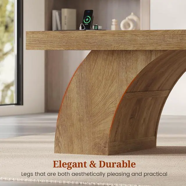 Alt view image 7 of 7 - 70.9 Inch Executive Desk, Large Office Desk with Power Outlet & Storage Shelves, Modern Aesthetic Computer Desks Wood Writing Table Workstation Business Furniture for Home Office (Oak)