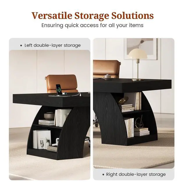 Alt view image 4 of 7 - 70.9 Inch Executive Desk, Large Office Desk with Power Outlet & Storage Shelves, Modern Aesthetic Computer Desks Wood Workstation Business Furniture Writing Table for Home Office (Black)