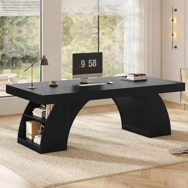 Alt view image 3 of 7 - 70.9 Inch Executive Desk, Large Office Desk with Power Outlet & Storage Shelves, Modern Aesthetic Computer Desks Wood Workstation Business Furniture Writing Table for Home Office (Black)