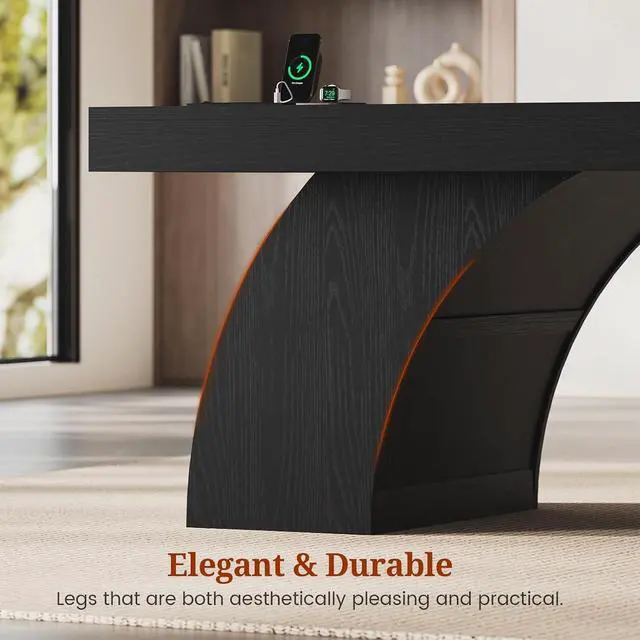 Alt view image 6 of 7 - 70.9 Inch Executive Desk, Large Office Desk with Power Outlet & Storage Shelves, Modern Aesthetic Computer Desks Wood Workstation Business Furniture Writing Table for Home Office (Black)