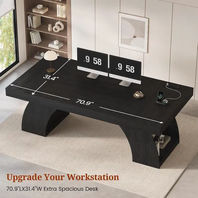 Alt view image 5 of 7 - 70.9 Inch Executive Desk, Large Office Desk with Power Outlet & Storage Shelves, Modern Aesthetic Computer Desks Wood Workstation Business Furniture Writing Table for Home Office (Black)