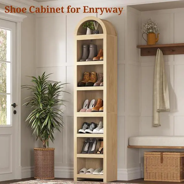Alt view image 5 of 7 - 76" Tall Narrow Arched Bookcase,7-Teir Mid-Century Modern Bookshelf,Adjustable Shelves offering More Storage Space for Living Room,Kitchen,Home Office,Oak