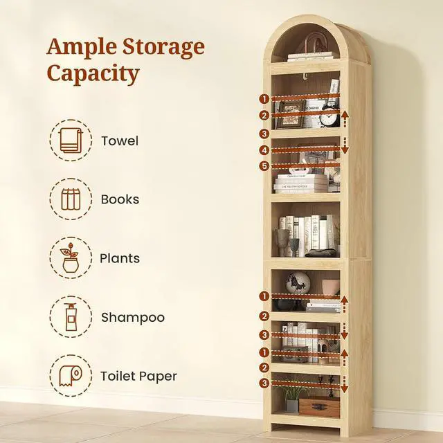 Alt view image 3 of 7 - 76" Tall Narrow Arched Bookcase,7-Teir Mid-Century Modern Bookshelf,Adjustable Shelves offering More Storage Space for Living Room,Kitchen,Home Office,Oak