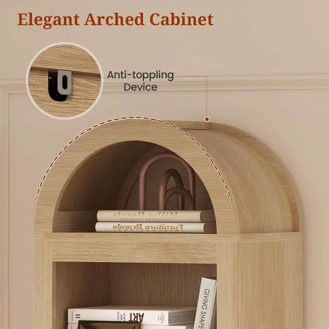 Alt view image 4 of 7 - 76" Tall Narrow Arched Bookcase,7-Teir Mid-Century Modern Bookshelf,Adjustable Shelves offering More Storage Space for Living Room,Kitchen,Home Office,Oak