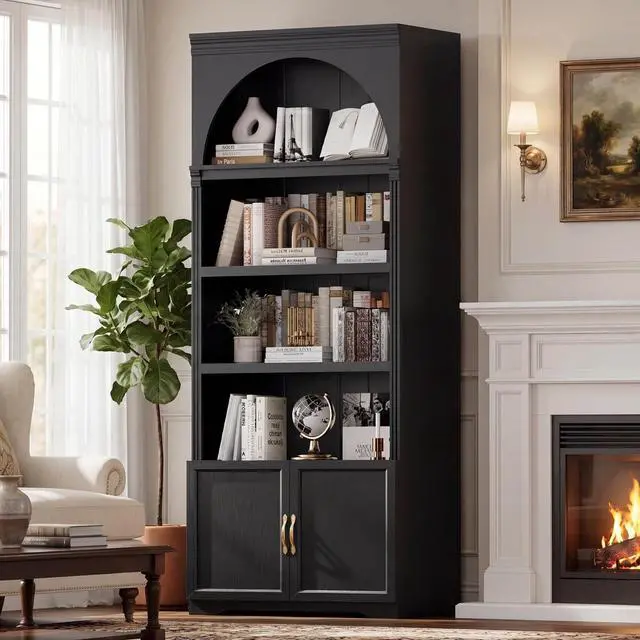 Main image of 81.2"Tall Arched Cabinet,Bookcase with storage,Mid-Century Modern 6-Tier Bookshelf with Door,2 Book Risers and Adjustable Shelves,More storage space for Living Room,Kitchen,Home Office (Black, Large)