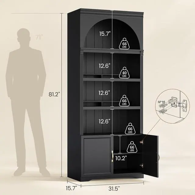 Alt view image 2 of 7 - 81.2"Tall Arched Cabinet,Bookcase with storage,Mid-Century Modern 6-Tier Bookshelf with Door,2 Book Risers and Adjustable Shelves,More storage space for Living Room,Kitchen,Home Office (Black, Large)