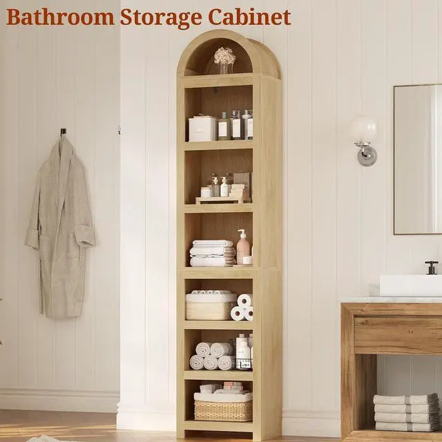Alt view image 6 of 7 - 76" Tall Narrow Arched Bookcase,7-Teir Mid-Century Modern Bookshelf,Adjustable Shelves offering More Storage Space for Living Room,Kitchen,Home Office,Oak