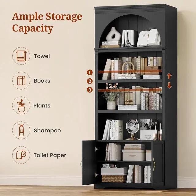 Alt view image 3 of 7 - 81.2"Tall Arched Cabinet,Bookcase with storage,Mid-Century Modern 6-Tier Bookshelf with Door,2 Book Risers and Adjustable Shelves,More storage space for Living Room,Kitchen,Home Office (Black, Large)