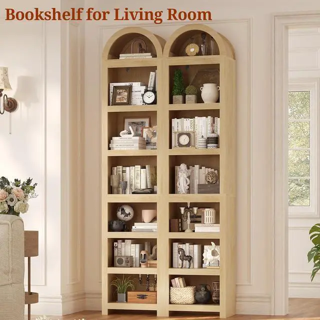 Alt view image 7 of 7 - 76" Tall Narrow Arched Bookcase,7-Teir Mid-Century Modern Bookshelf,Adjustable Shelves offering More Storage Space for Living Room,Kitchen,Home Office,Oak