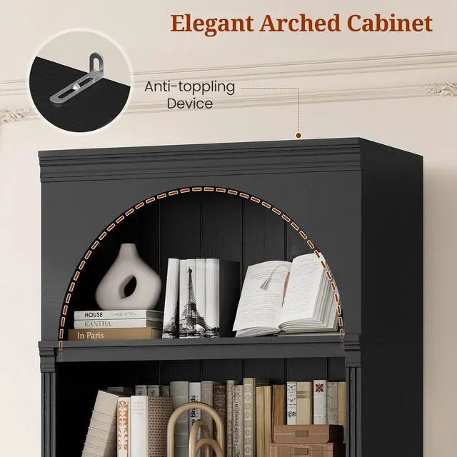 Alt view image 5 of 7 - 81.2"Tall Arched Cabinet,Bookcase with storage,Mid-Century Modern 6-Tier Bookshelf with Door,2 Book Risers and Adjustable Shelves,More storage space for Living Room,Kitchen,Home Office (Black, Large)