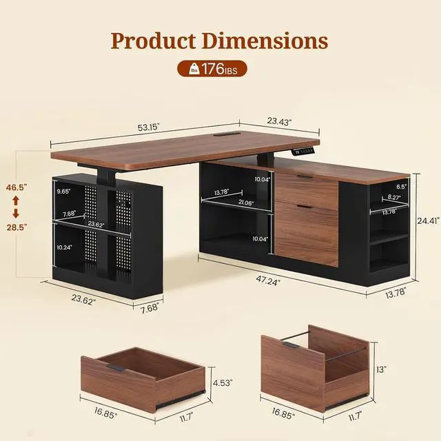 Alt view image 2 of 7 - L Shaped Standing Desk Adjustable Height, 53" Electric Office Desk with File Drawers & Storage Shelves, Sit Stand Corner Computer Desk with Power Outlets, Pegboard, 6 Hooks, Black & Walnut