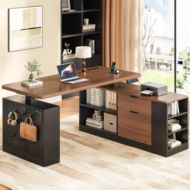 Main image of L Shaped Standing Desk Adjustable Height, 53" Electric Office Desk with File Drawers & Storage Shelves, Sit Stand Corner Computer Desk with Power Outlets, Pegboard, 6 Hooks, Black & Walnut
