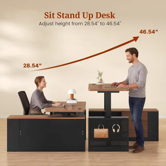 Alt view image 5 of 7 - L Shaped Standing Desk Adjustable Height, 53" Electric Office Desk with File Drawers & Storage Shelves, Sit Stand Corner Computer Desk with Power Outlets, Pegboard, 6 Hooks, Black & Walnut