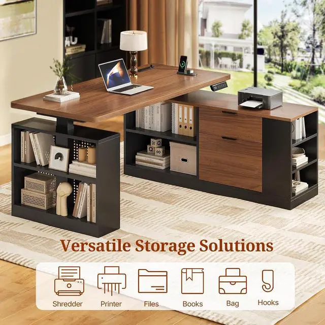 Alt view image 3 of 7 - L Shaped Standing Desk Adjustable Height, 53" Electric Office Desk with File Drawers & Storage Shelves, Sit Stand Corner Computer Desk with Power Outlets, Pegboard, 6 Hooks, Black & Walnut