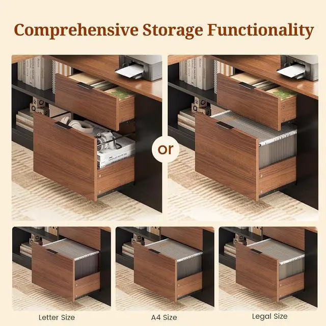 Alt view image 7 of 7 - L Shaped Standing Desk Adjustable Height, 53" Electric Office Desk with File Drawers & Storage Shelves, Sit Stand Corner Computer Desk with Power Outlets, Pegboard, 6 Hooks, Black & Walnut