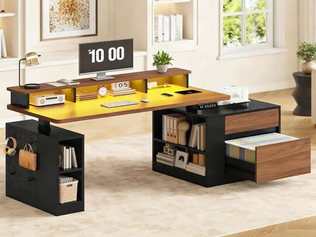 Main image of Standing Desk Adjustable Height, 70" Executive Electric Office Desk, Sit Stand Computer Desk with Storage Drawer, Power Outlets, Led Lights, Monitor Stand, Printer Space, Pegboard Black&Walnut
