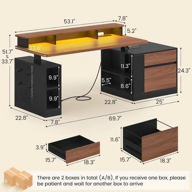 Alt view image 2 of 7 - Standing Desk Adjustable Height, 70" Executive Electric Office Desk, Sit Stand Computer Desk with Storage Drawer, Power Outlets, Led Lights, Monitor Stand, Printer Space, Pegboard Black&Walnut