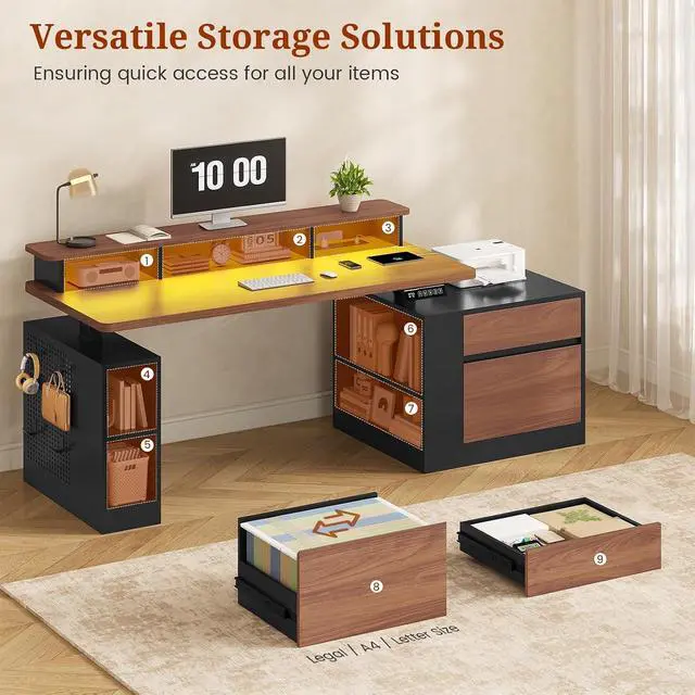 Alt view image 3 of 7 - Standing Desk Adjustable Height, 70" Executive Electric Office Desk, Sit Stand Computer Desk with Storage Drawer, Power Outlets, Led Lights, Monitor Stand, Printer Space, Pegboard Black&Walnut