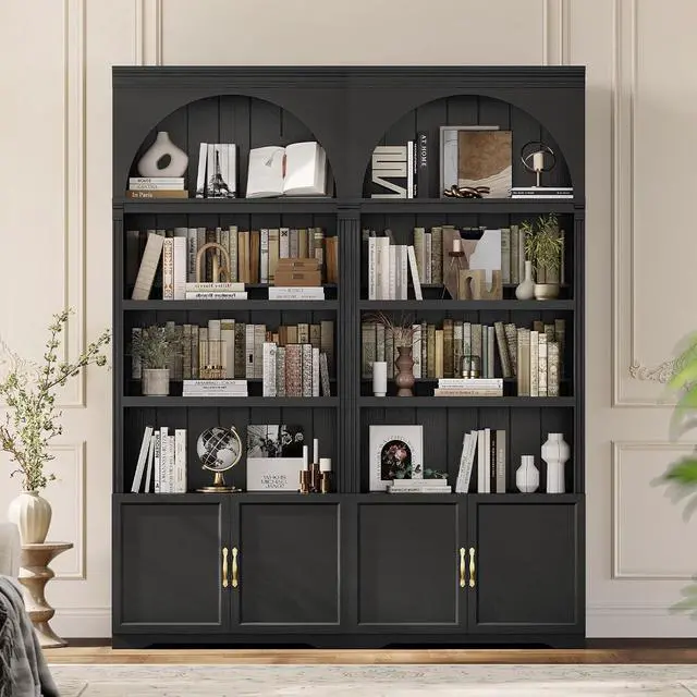 Alt view image 6 of 7 - 81.2"Tall Arched Cabinet,Bookcase with storage,Mid-Century Modern 6-Tier Bookshelf with Door,2 Book Risers and Adjustable Shelves,More storage space for Living Room,Kitchen,Home Office (Black, Large)