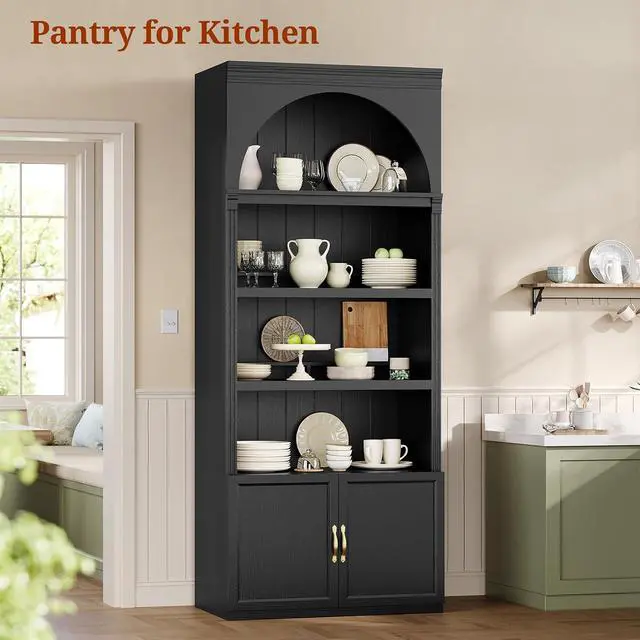 Alt view image 7 of 7 - 81.2"Tall Arched Cabinet,Bookcase with storage,Mid-Century Modern 6-Tier Bookshelf with Door,2 Book Risers and Adjustable Shelves,More storage space for Living Room,Kitchen,Home Office (Black, Large)