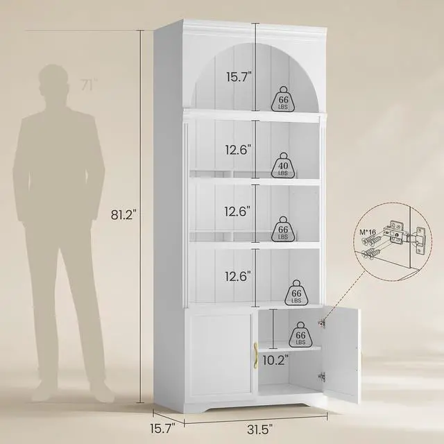 Alt view image 2 of 7 - 81.2"Tall Arched Cabinet,Bookcase with storage,Mid-Century Modern 6-Tier Bookshelf with Door,2 Book Risers and Adjustable Shelves,More storage space for Living Room,Kitchen,Home Office (White, Large)