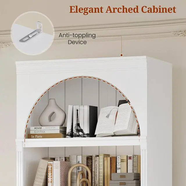 Alt view image 3 of 7 - 81.2"Tall Arched Cabinet,Bookcase with storage,Mid-Century Modern 6-Tier Bookshelf with Door,2 Book Risers and Adjustable Shelves,More storage space for Living Room,Kitchen,Home Office (White, Large)