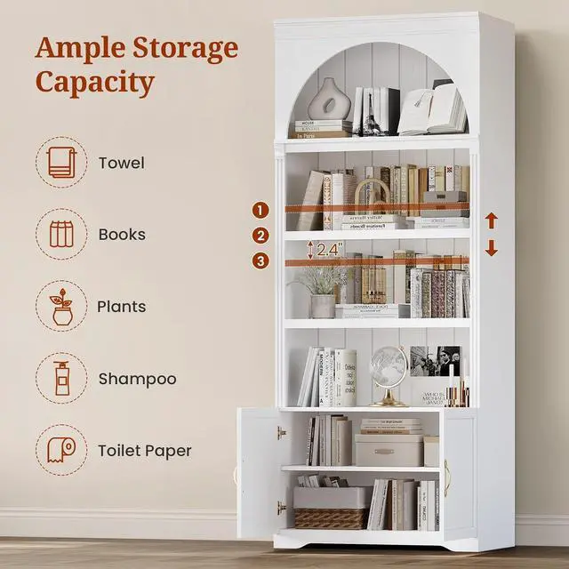 Alt view image 4 of 7 - 81.2"Tall Arched Cabinet,Bookcase with storage,Mid-Century Modern 6-Tier Bookshelf with Door,2 Book Risers and Adjustable Shelves,More storage space for Living Room,Kitchen,Home Office (White, Large)