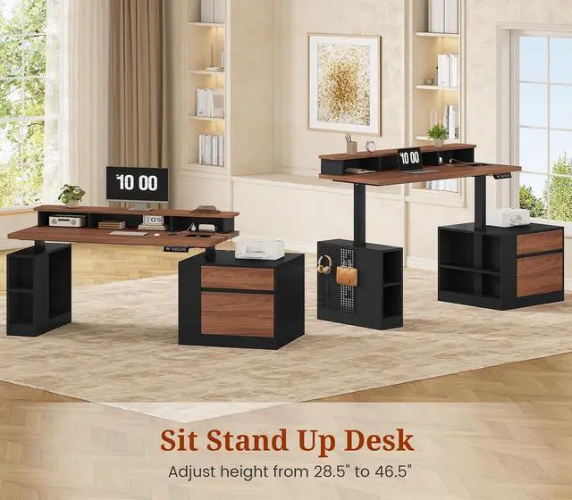 Alt view image 4 of 7 - Standing Desk Adjustable Height, 70" Executive Electric Office Desk, Sit Stand Computer Desk with Storage Drawer, Power Outlets, Led Lights, Monitor Stand, Printer Space, Pegboard Black&Walnut