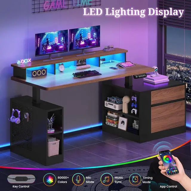 Alt view image 5 of 7 - Standing Desk Adjustable Height, 70" Executive Electric Office Desk, Sit Stand Computer Desk with Storage Drawer, Power Outlets, Led Lights, Monitor Stand, Printer Space, Pegboard Black&Walnut