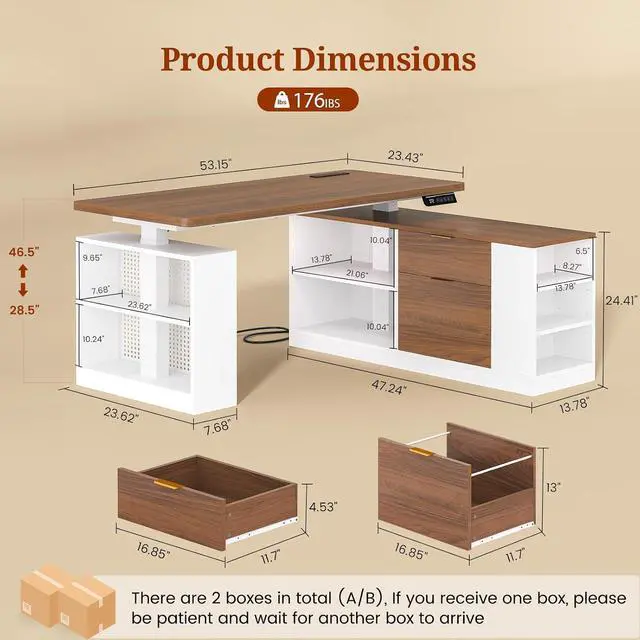 Alt view image 2 of 7 - L Shaped Standing Desk Adjustable Height, 53" Electric Office Desk with File Drawers & Storage Shelves, Sit Stand Corner Computer Desk with Power Outlets, Pegboard, 6 Hooks, White& Walnut
