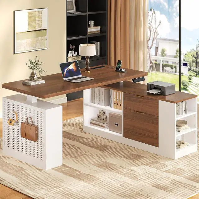 Main image of L Shaped Standing Desk Adjustable Height, 53" Electric Office Desk with File Drawers & Storage Shelves, Sit Stand Corner Computer Desk with Power Outlets, Pegboard, 6 Hooks, White& Walnut