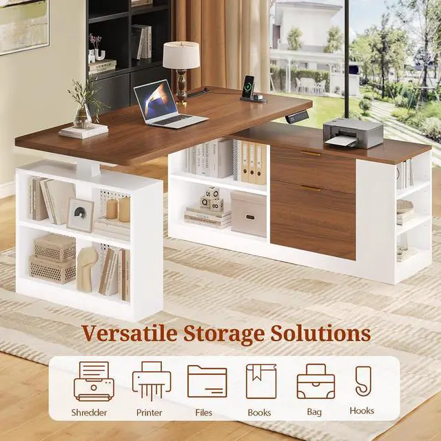 Alt view image 3 of 7 - L Shaped Standing Desk Adjustable Height, 53" Electric Office Desk with File Drawers & Storage Shelves, Sit Stand Corner Computer Desk with Power Outlets, Pegboard, 6 Hooks, White& Walnut