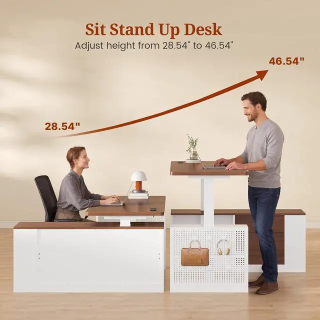 Alt view image 5 of 7 - L Shaped Standing Desk Adjustable Height, 53" Electric Office Desk with File Drawers & Storage Shelves, Sit Stand Corner Computer Desk with Power Outlets, Pegboard, 6 Hooks, White& Walnut