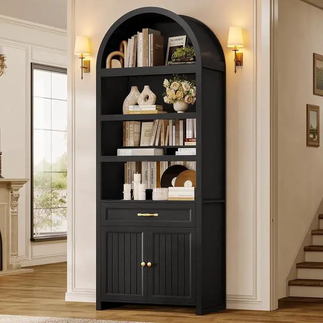 Main image of 84.6" Tall Arched Cabinets,Bookcase with Drawer storage,Mid-Century Modern 6-Tier Bookshelf,2 Book Risers and Adjustable Shelves offering more storage for Living Room,Kitchen,Home Office (Black)