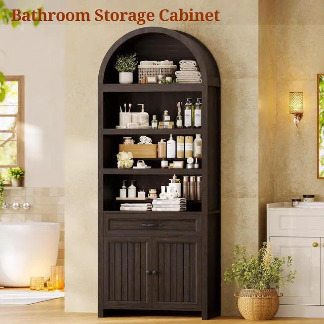 Alt view image 7 of 7 - 84.6" Tall Arched Cabinets,Bookcase with Drawer storage,Mid-Century Modern 6-Tier Bookshelf,2 Book Risers and Adjustable Shelves offering more storage for Living Room,Kitchen,Home Office (Dark Brown)
