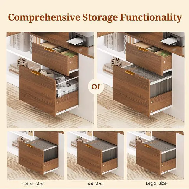 Alt view image 7 of 7 - L Shaped Standing Desk Adjustable Height, 53" Electric Office Desk with File Drawers & Storage Shelves, Sit Stand Corner Computer Desk with Power Outlets, Pegboard, 6 Hooks, White& Walnut
