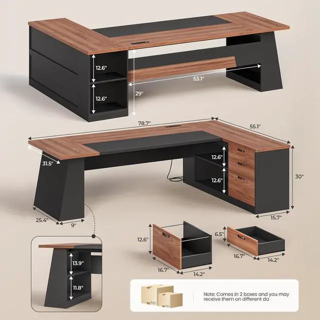 Alt view image 2 of 7 - 78.7" L Shaped Executive Desk with Power Outlets, Extra Large Office Desk with Drawers & File Cabinet, Modern Corner Computer Desk with Storage Shelves, Business Furniture, Walnut & Black