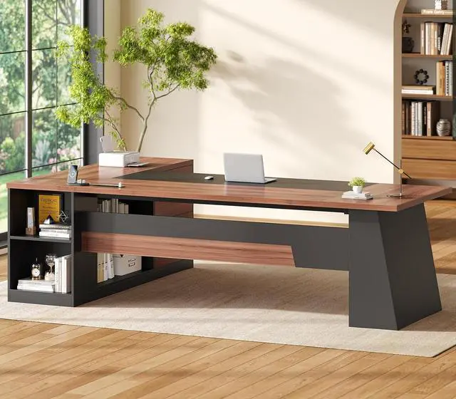 Alt view image 4 of 7 - 78.7" L Shaped Executive Desk with Power Outlets, Extra Large Office Desk with Drawers & File Cabinet, Modern Corner Computer Desk with Storage Shelves, Business Furniture, Walnut & Black
