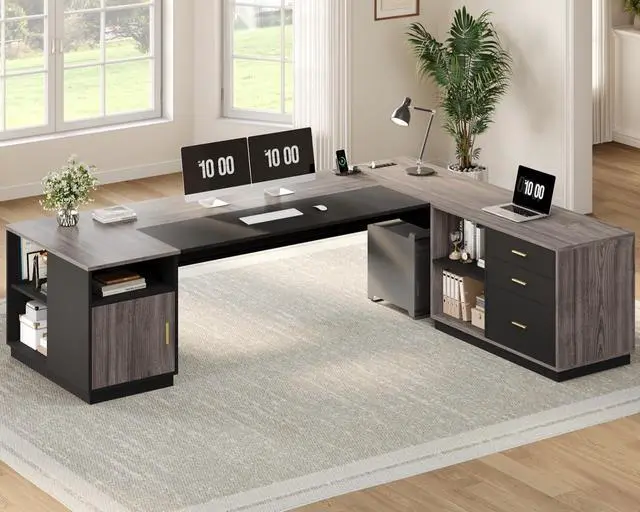 Main image of 78.7" L Shaped Executive Desk with Lateral File Cabinet, Extra Large Office Desk with Drawers & Power Outlets, Modern Corner Computer Desk with Storage Shelves, Business Furniture, Grey