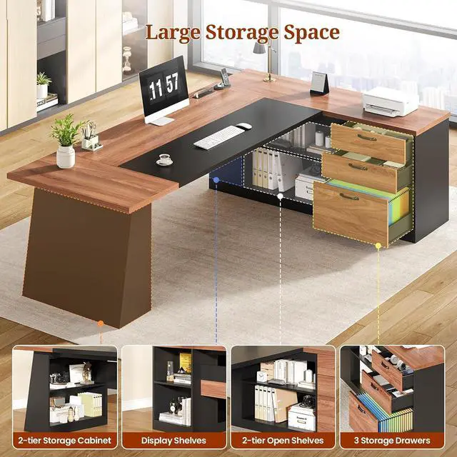 Alt view image 5 of 7 - 78.7" L Shaped Executive Desk with Power Outlets, Extra Large Office Desk with Drawers & File Cabinet, Modern Corner Computer Desk with Storage Shelves, Business Furniture, Walnut & Black