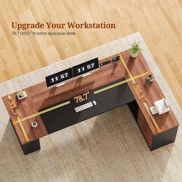 Alt view image 3 of 7 - 78.7" L Shaped Executive Desk with Power Outlets, Extra Large Office Desk with Drawers & File Cabinet, Modern Corner Computer Desk with Storage Shelves, Business Furniture, Walnut & Black