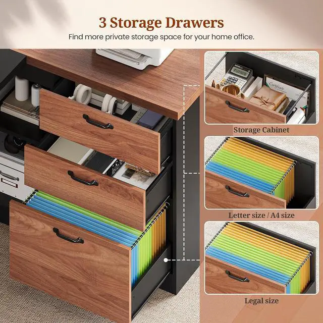 Alt view image 6 of 7 - 78.7" L Shaped Executive Desk with Power Outlets, Extra Large Office Desk with Drawers & File Cabinet, Modern Corner Computer Desk with Storage Shelves, Business Furniture, Walnut & Black