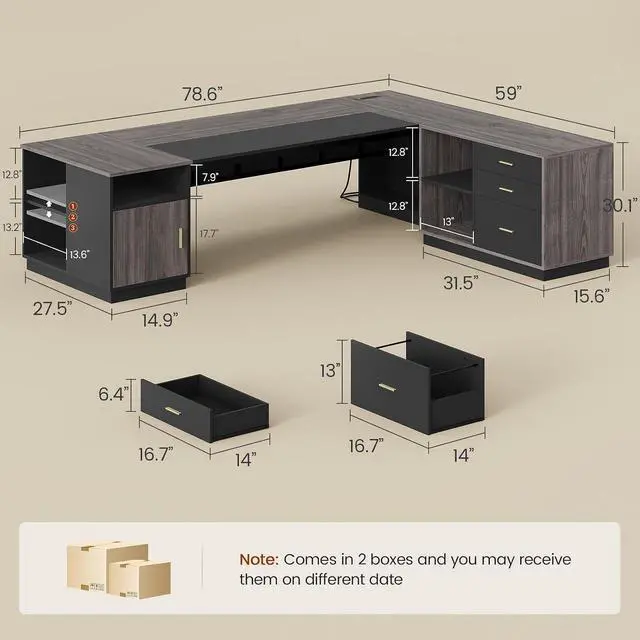 Alt view image 2 of 7 - 78.7" L Shaped Executive Desk with Lateral File Cabinet, Extra Large Office Desk with Drawers & Power Outlets, Modern Corner Computer Desk with Storage Shelves, Business Furniture, Grey