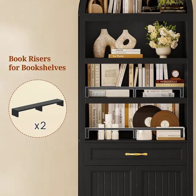 Alt view image 5 of 7 - 2 Pcs 84.2" Tall Arched Cabinets,Bookcase with Drawer storage,Mid-Century Modern 6-Tier Bookshelf, 2 Book Risers and Adjustable Shelves offering more storage space for Living Room,Kitchen, Black