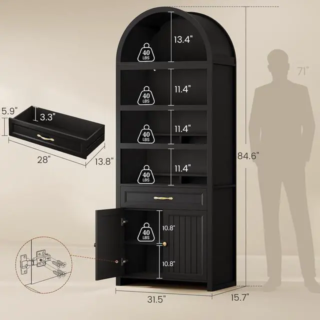 Alt view image 2 of 7 - 2 Pcs 84.2" Tall Arched Cabinets,Bookcase with Drawer storage,Mid-Century Modern 6-Tier Bookshelf, 2 Book Risers and Adjustable Shelves offering more storage space for Living Room,Kitchen, Black