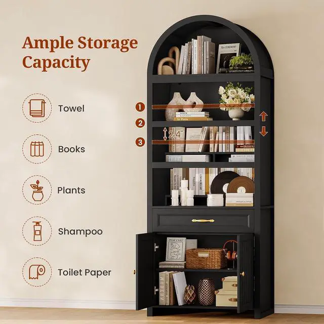 Alt view image 3 of 7 - 2 Pcs 84.2" Tall Arched Cabinets,Bookcase with Drawer storage,Mid-Century Modern 6-Tier Bookshelf, 2 Book Risers and Adjustable Shelves offering more storage space for Living Room,Kitchen, Black