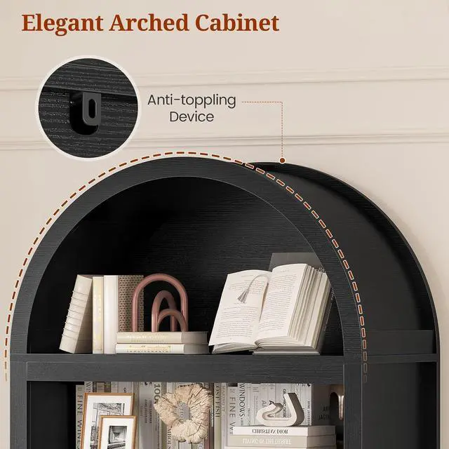 Alt view image 4 of 7 - 2 Pcs 84.2" Tall Arched Cabinets,Bookcase with Drawer storage,Mid-Century Modern 6-Tier Bookshelf, 2 Book Risers and Adjustable Shelves offering more storage space for Living Room,Kitchen, Black